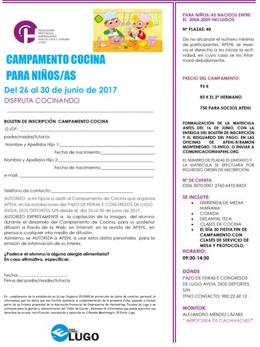 La APEHL organiza un campamento de cocina para niños en el mes de junio